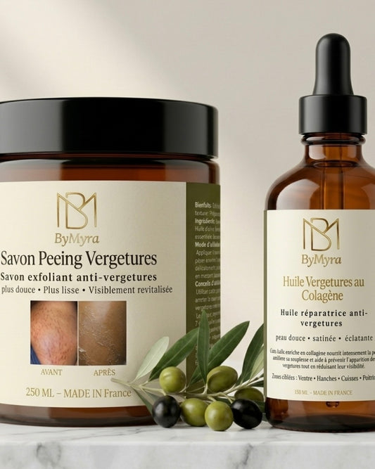 Duo Anti-Vergetures : Savon Peeling & Huile Réparatrice